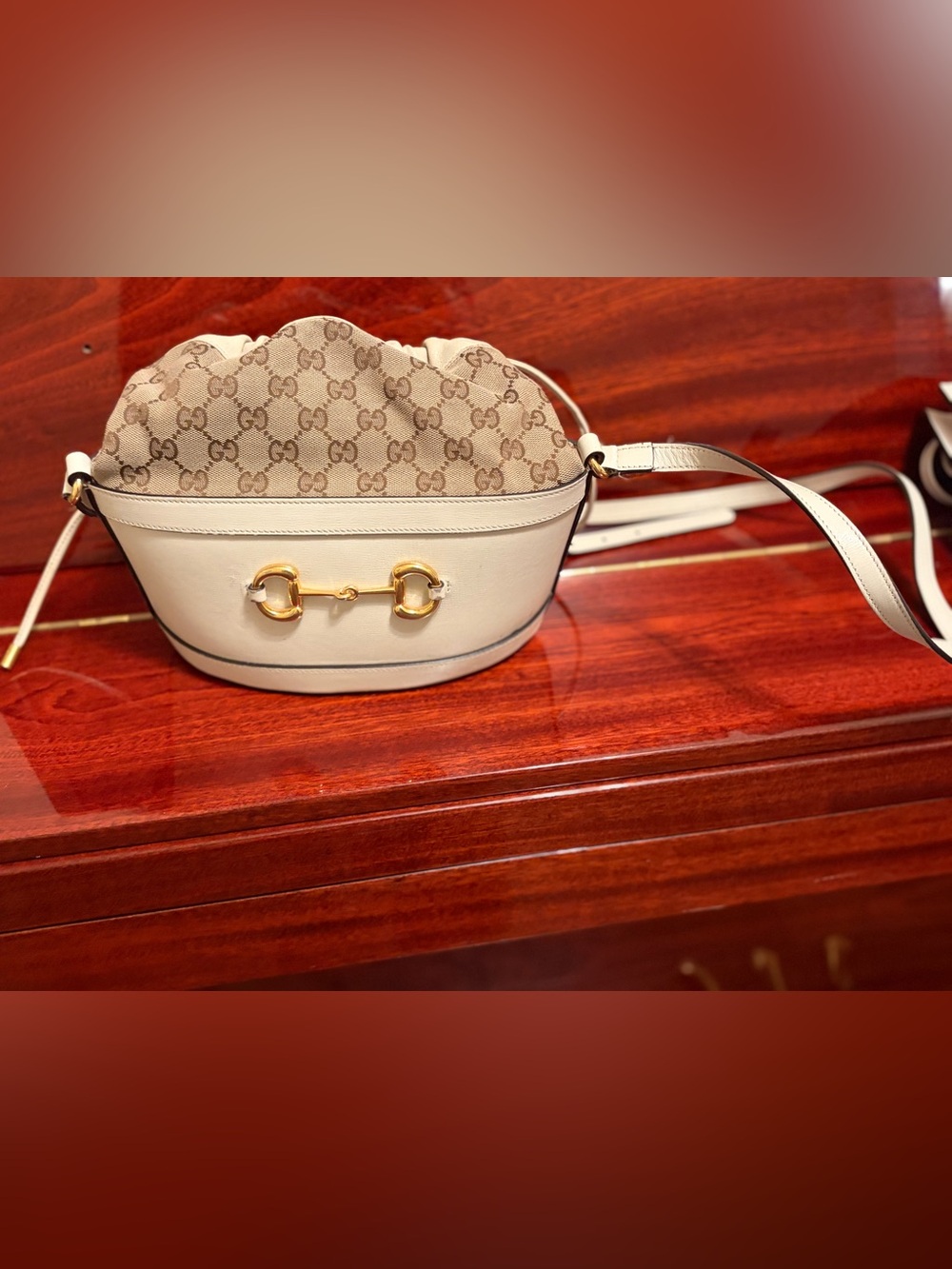 Gucci Beige Canvas & Ivory Leather Horsebit Shoulder Bag
